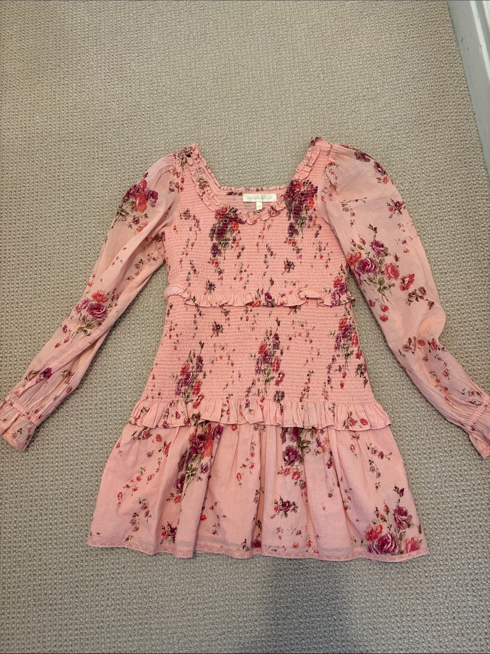 Katie J NYC Pink Floral Smocked Long-Sleeve Dress